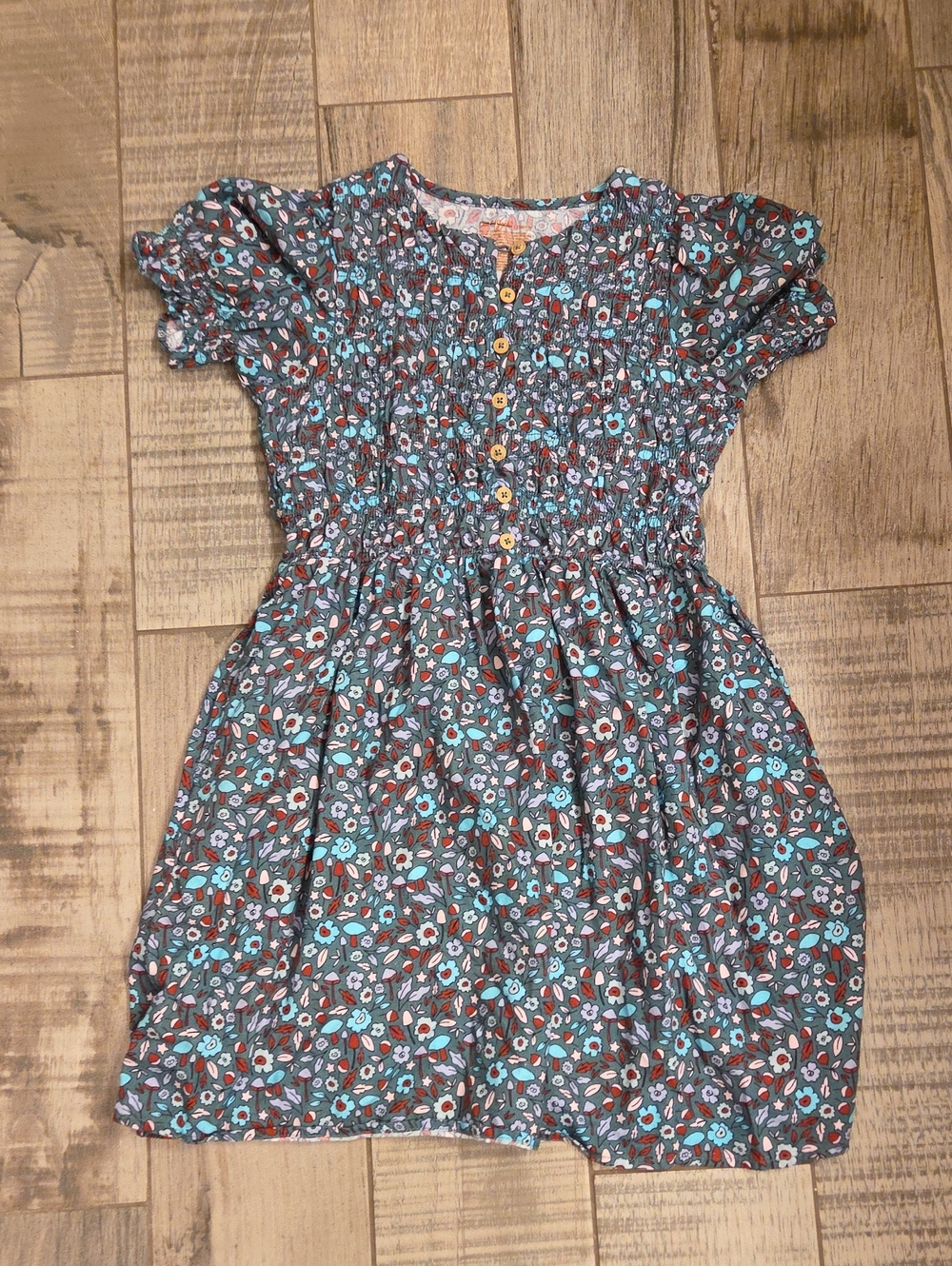 Cat & Jack Gray Floral Smocked Dress with Teal and Rust Accents